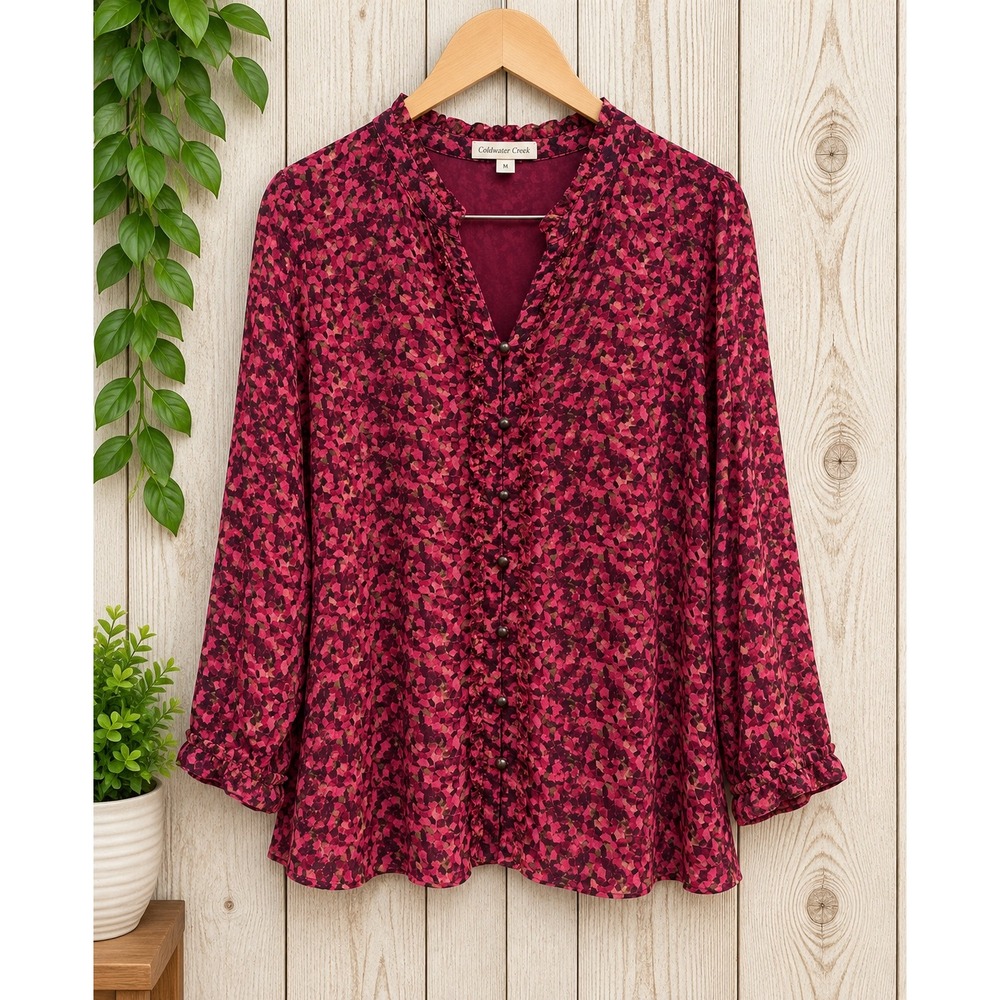 Coldwater Creek Pink Burgundy Abstract Ruffle V-Neck Button Front Blouse 1X 18